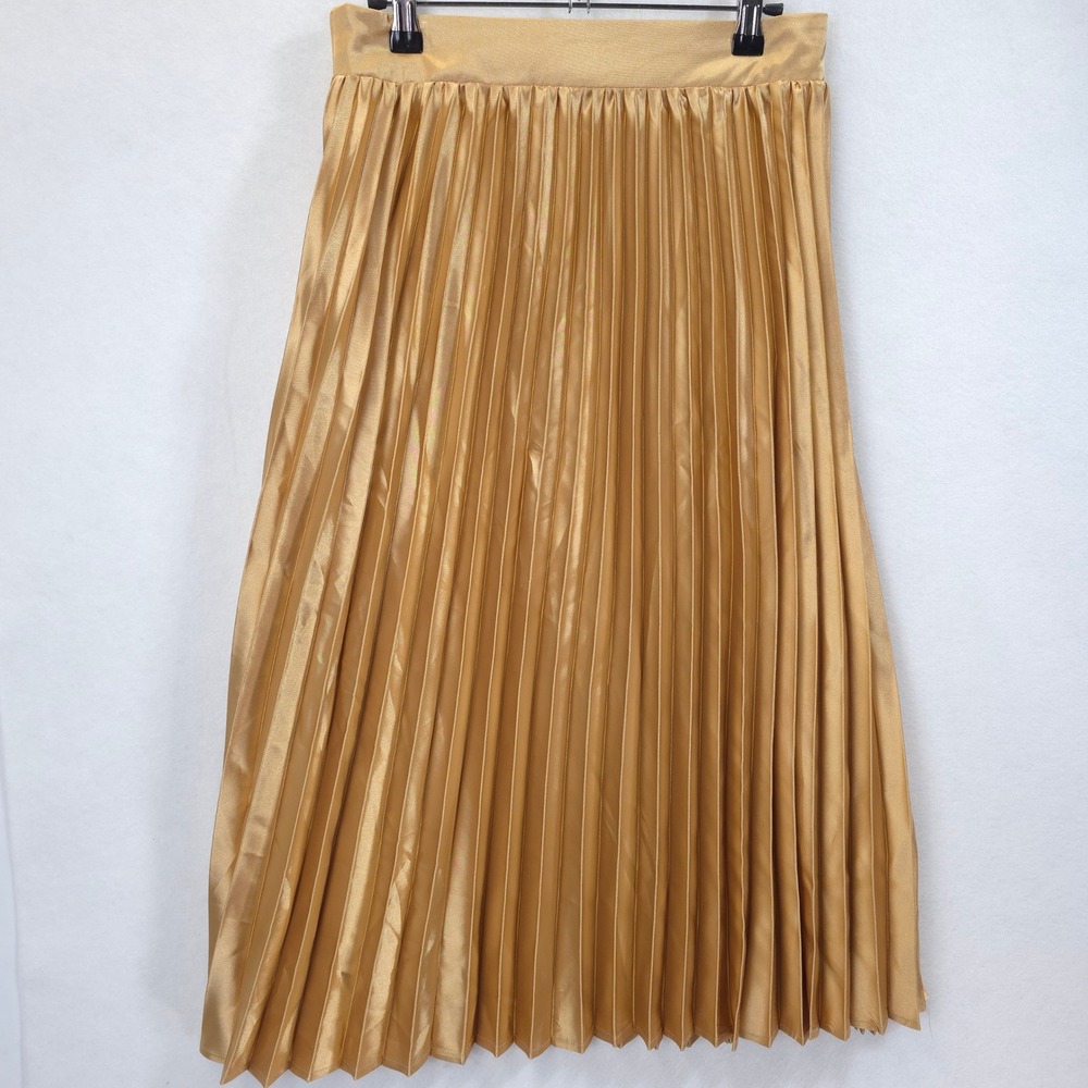 Festive Metallic Gold Pleated Accordion Midi Skirt Women M Glam Holiday Shimmer